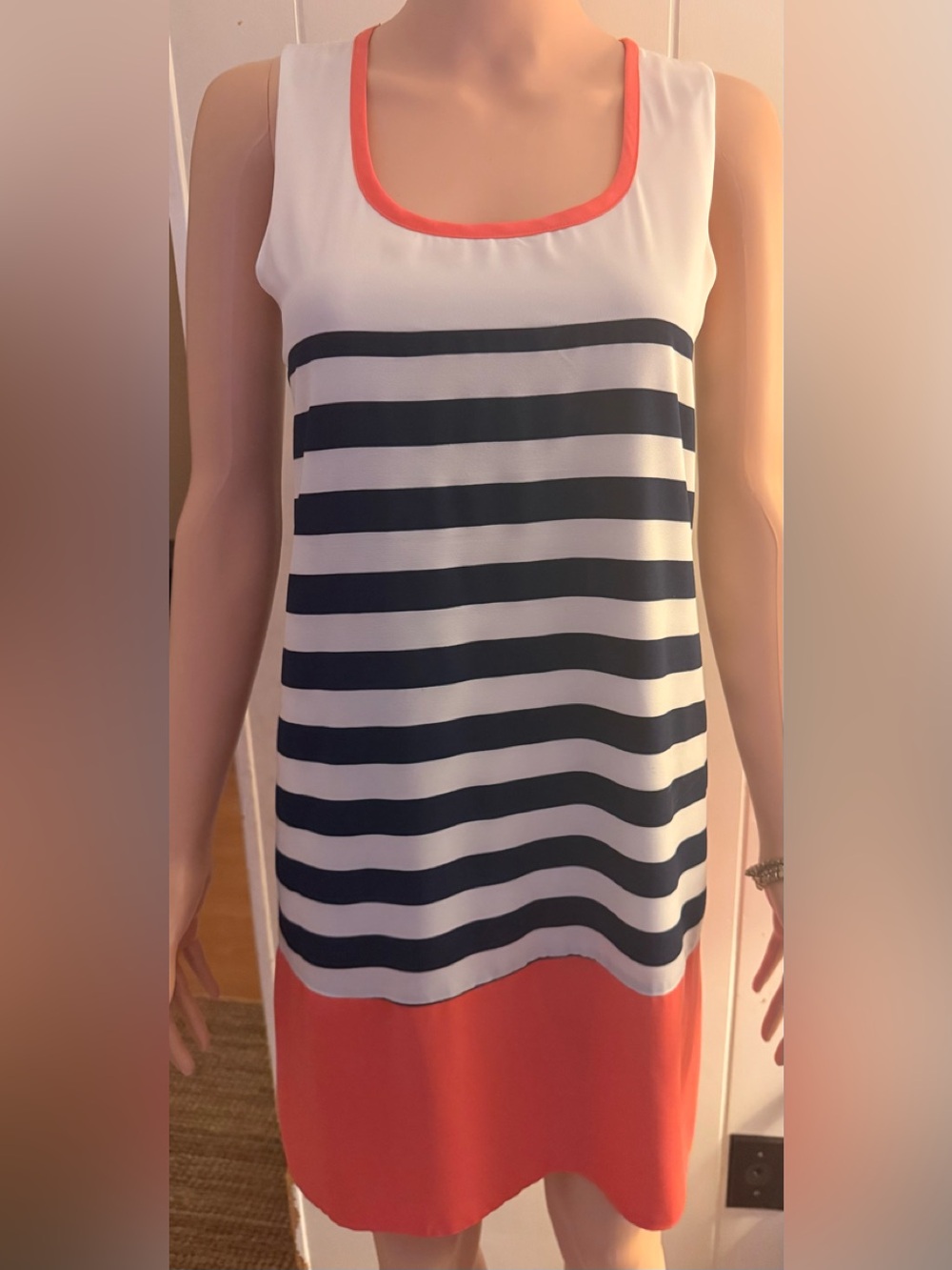 THML White Dress with Coral Trim and Navy Accent